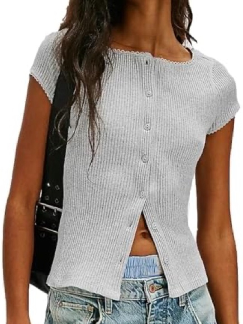 Free People Most Wanted Ribbed Button-Front Crop Top - Light Gray